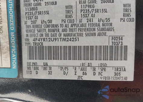 2001 Mazda B3000 Ds/Se from USA, damaged, VIN 4F4YR12U91TM24251